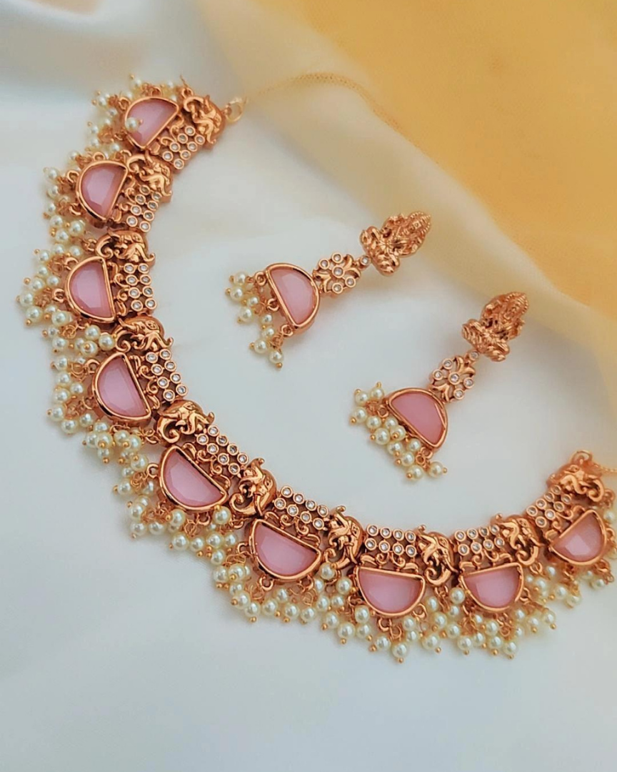 PINK PARUSHI TEMPLE JEWELLERY SET