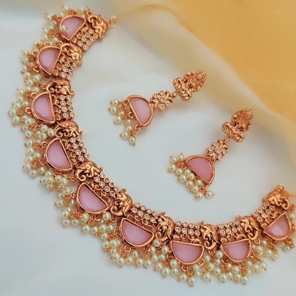 PINK PARUSHI TEMPLE JEWELLERY SET