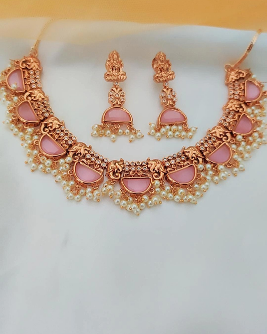 PINK PARUSHI TEMPLE JEWELLERY SET