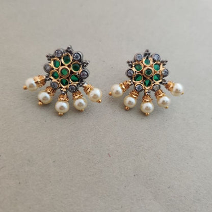 BLACK POLISH EMERALD AMALA TEMPLE STUD EARRINGS