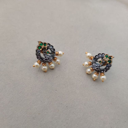 BLACK POLISH EMERALD MAYILA TEMPLE STUD EARRINGS