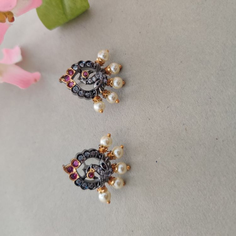 BLACK POLISH RUBY MAYILA TEMPLE STUD EARRINGS