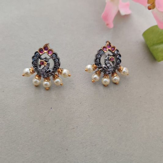 BLACK POLISH RUBY MAYILA TEMPLE STUD EARRINGS