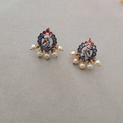 BLACK POLISH RUBY MAYILA TEMPLE STUD EARRINGS