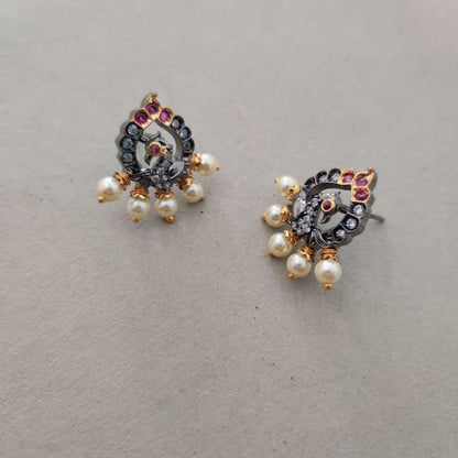 BLACK POLISH RUBY MAYILA TEMPLE STUD EARRINGS