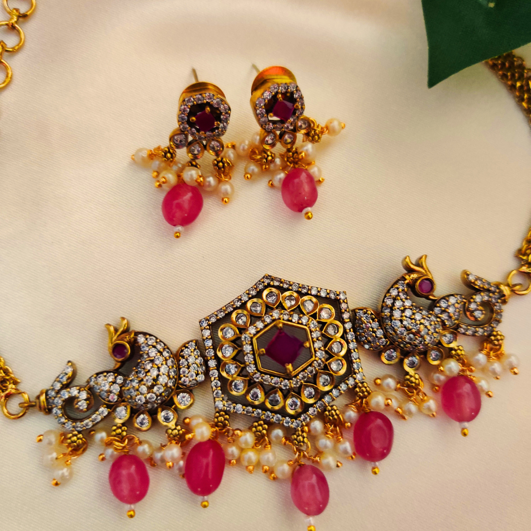 PINK PRIYALA ANTIQUE JEWELLERY SET