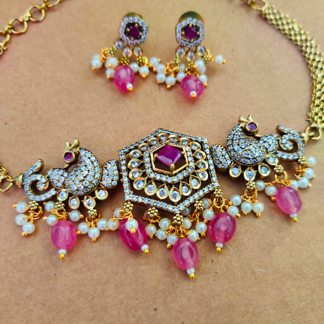 PINK PRIYALA ANTIQUE JEWELLERY SET