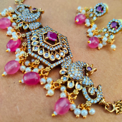 PINK PRIYALA ANTIQUE JEWELLERY SET