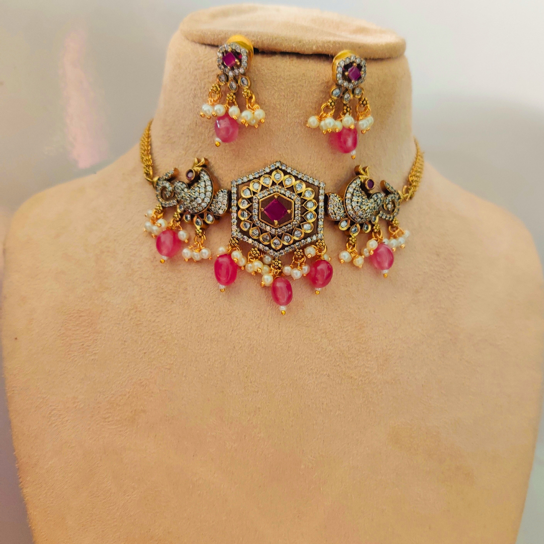 PINK PRIYALA ANTIQUE JEWELLERY SET