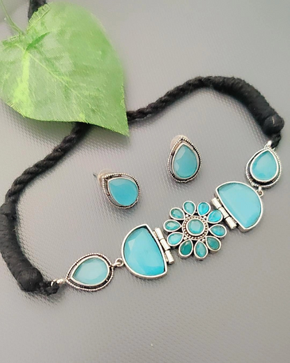 BLUE KARYA SILVER PLATED JEWELLERY SET