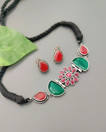 MULTICOLOR KARYA SILVER PLATED JEWELLERY SET