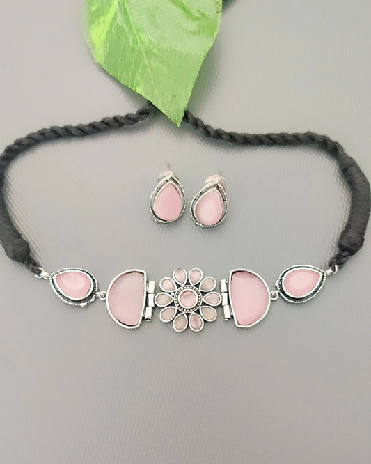 PINK KARYA SILVER PLATED JEWELLERY SET