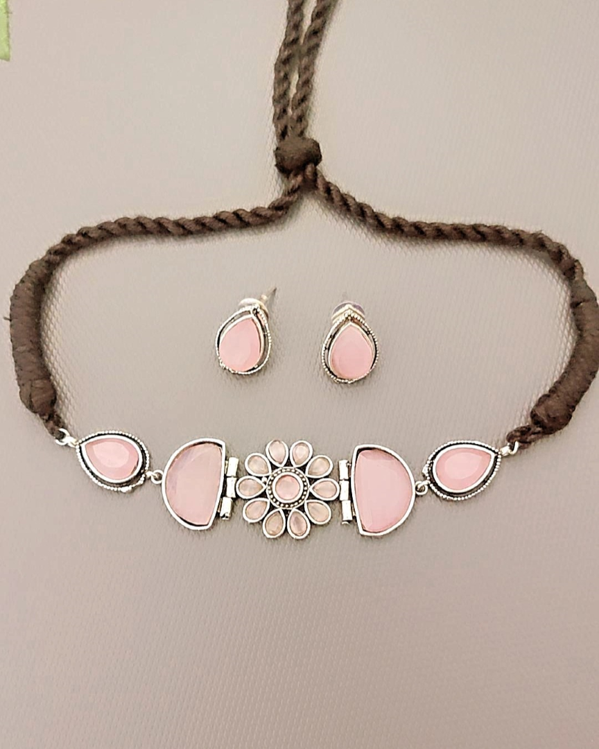 PINK KARYA SILVER PLATED JEWELLERY SET