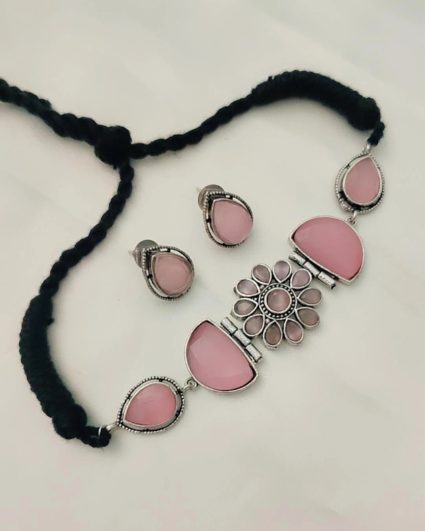 PINK KARYA SILVER PLATED JEWELLERY SET