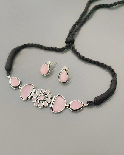 PINK KARYA SILVER PLATED JEWELLERY SET