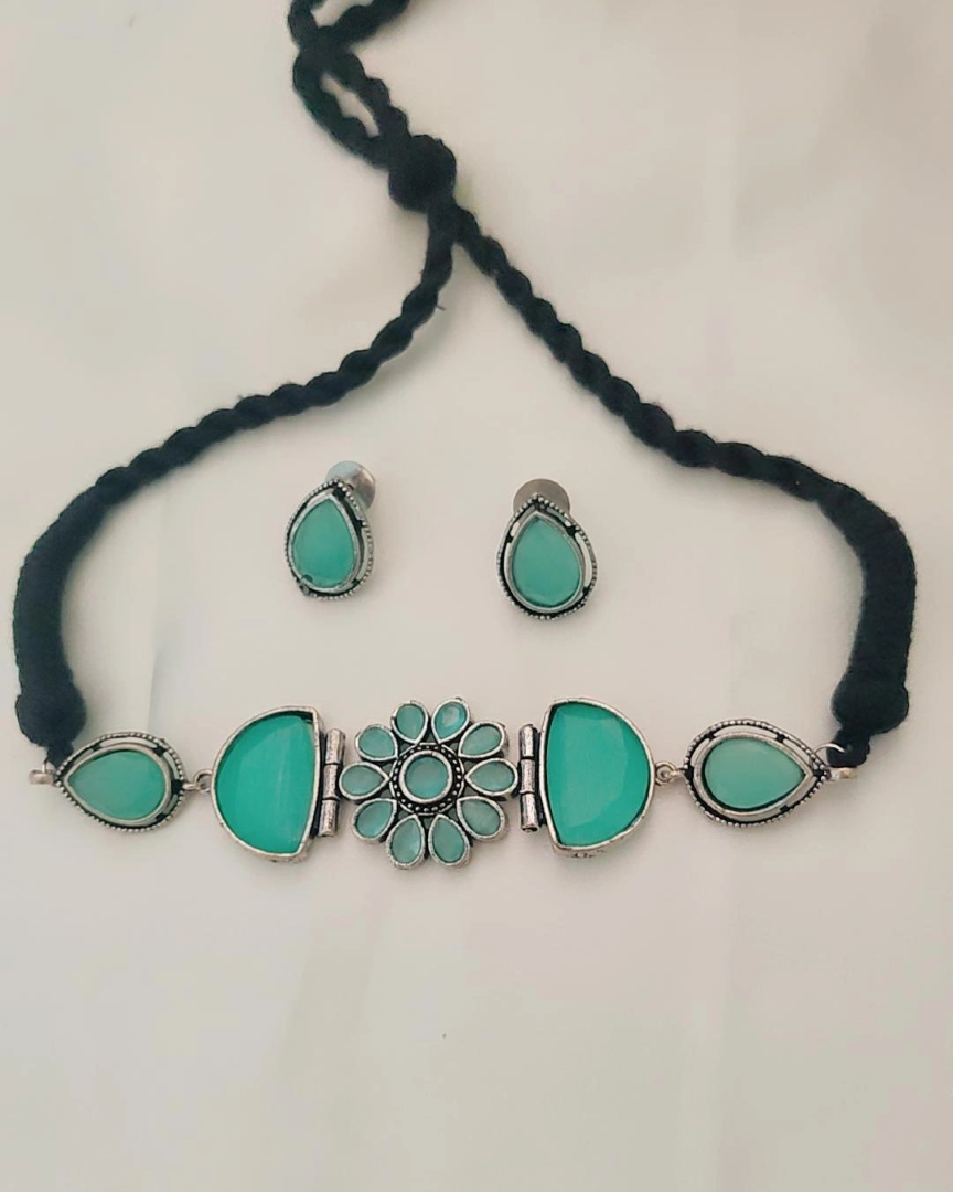 TURQUOISE KARYA SILVER PLATED JEWELLERY SET