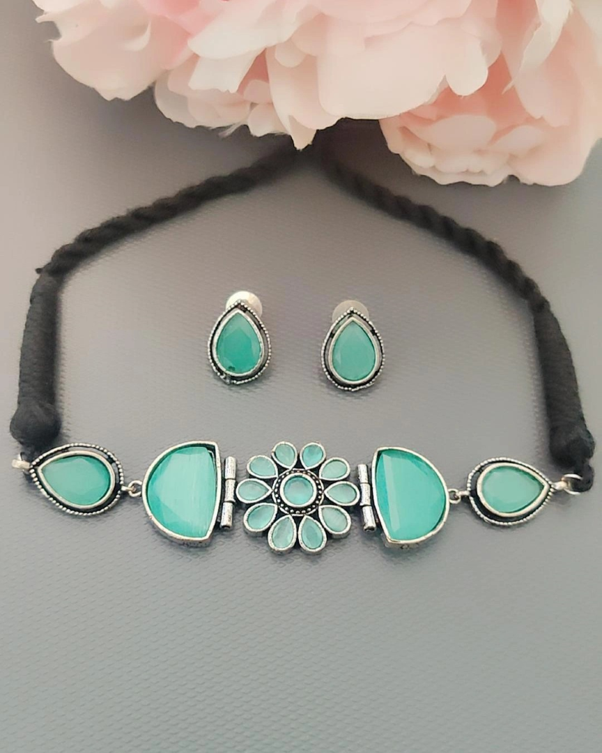 TURQUOISE KARYA SILVER PLATED JEWELLERY SET