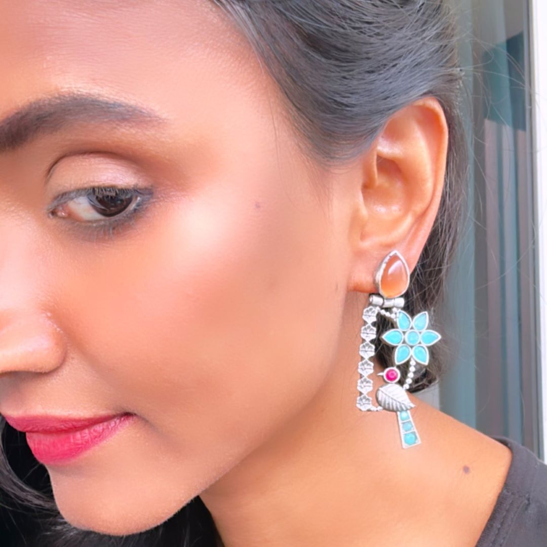 TURQUOISE BIRD SILVER PLATED EARRINGS